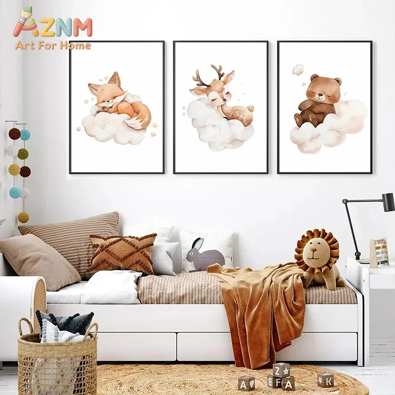 Baby Nursery Frames - لوحة قماشية بطبعة ألوان مائية لحيوانات