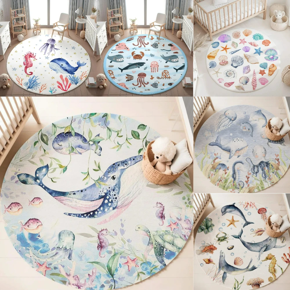 Baby Nursery Decor Girl - سجادة مستديرة بتصميم حيوانات بحرية زرقاء